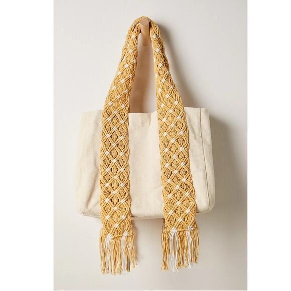 Free People Bohemian Retro 70s Mia Canvas Macrame Strap Tote Bag NWT XL Fringe - Picture 6 of 13